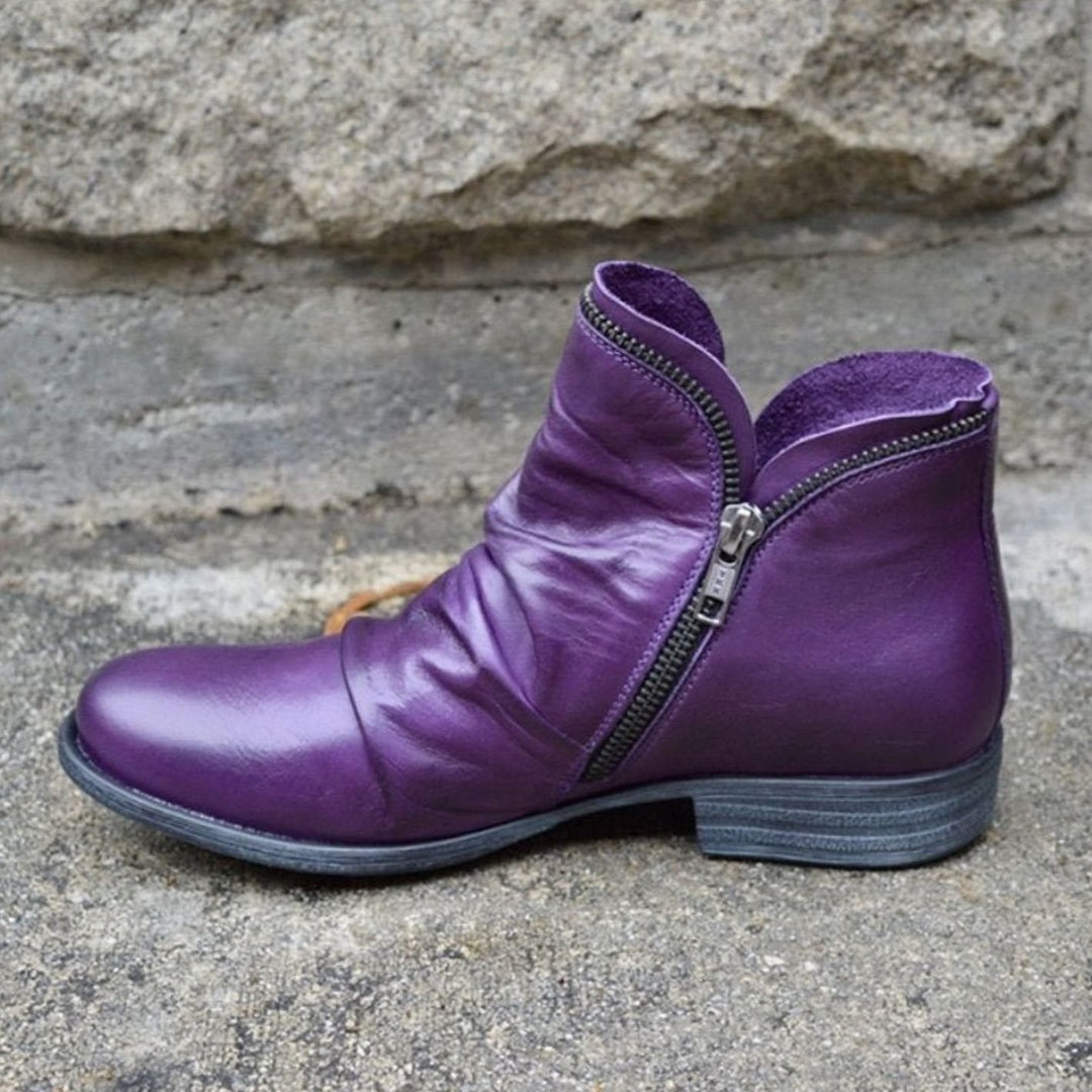 Women's Ruched Leather Side-Zip Low-Heel Ankle Boots - Purple