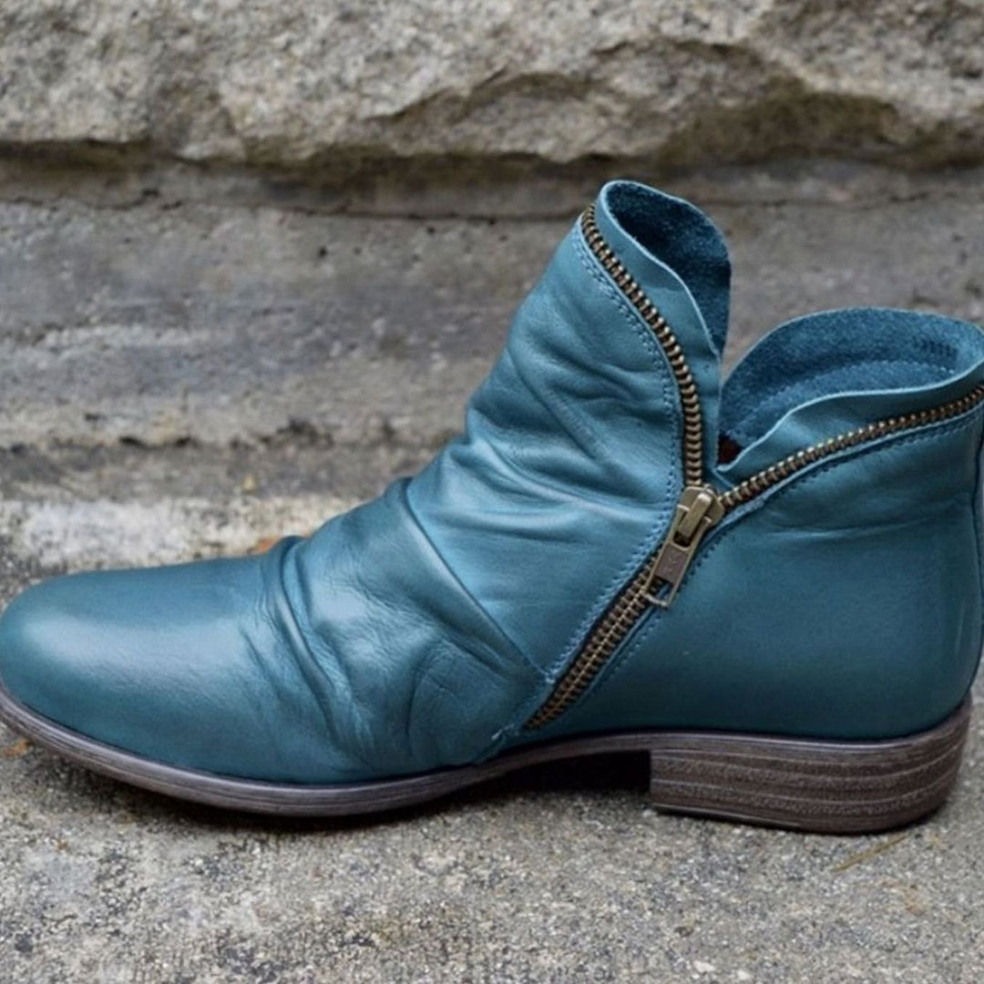 Women's Ruched Leather Side-Zip Low-Heel Ankle Boots - Blue
