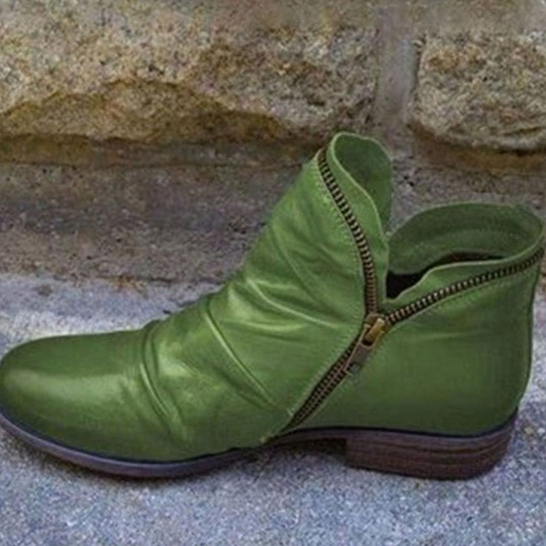 Women's Ruched Leather Side-Zip Low-Heel Ankle Boots - Green