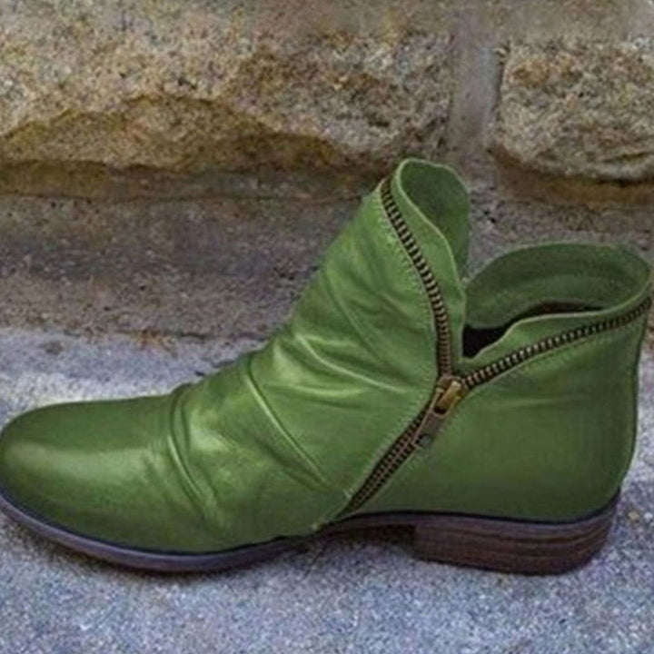 Women's Ruched Leather Side-Zip Low-Heel Ankle Boots - Green