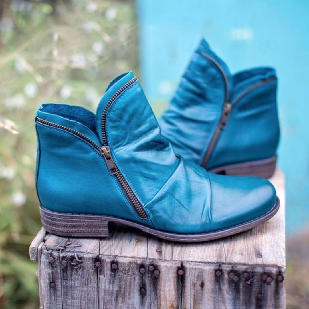 Women's Ruched Leather Side-Zip Low-Heel Ankle Boots