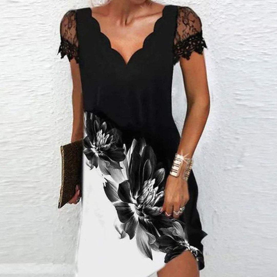Women's Scalloped V-Neck Lace Sleeve Mini Dress - Black and White