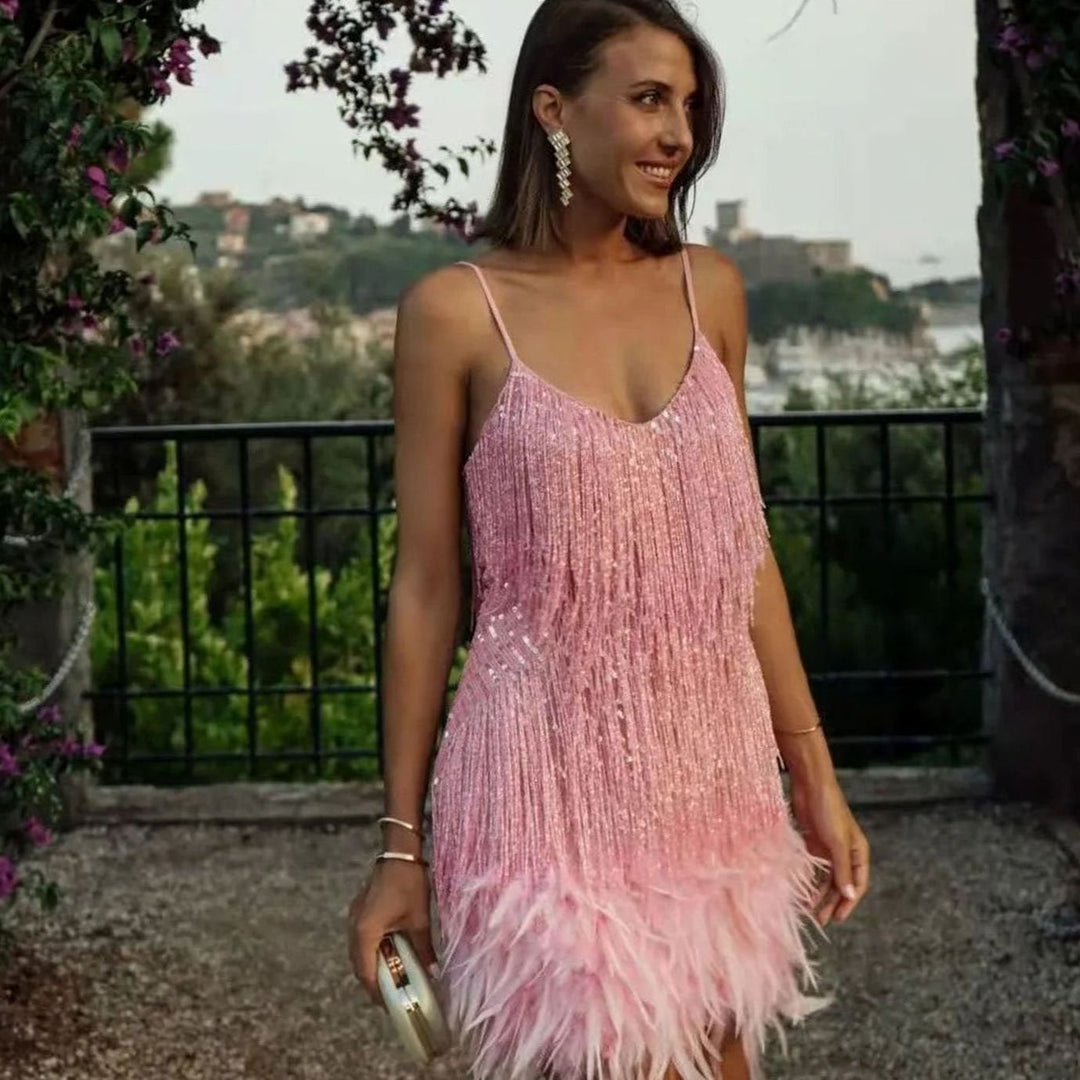 Women's Sequin Fringe Feather Cocktail Dress - Light Pink