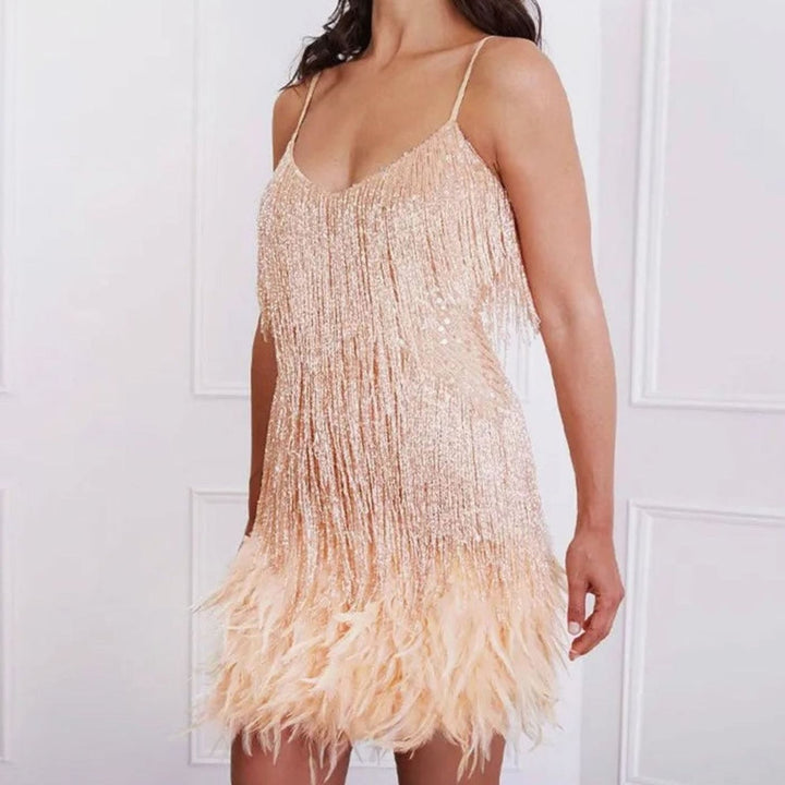 Women's Sequin Fringe Feather Cocktail Dress - Beige