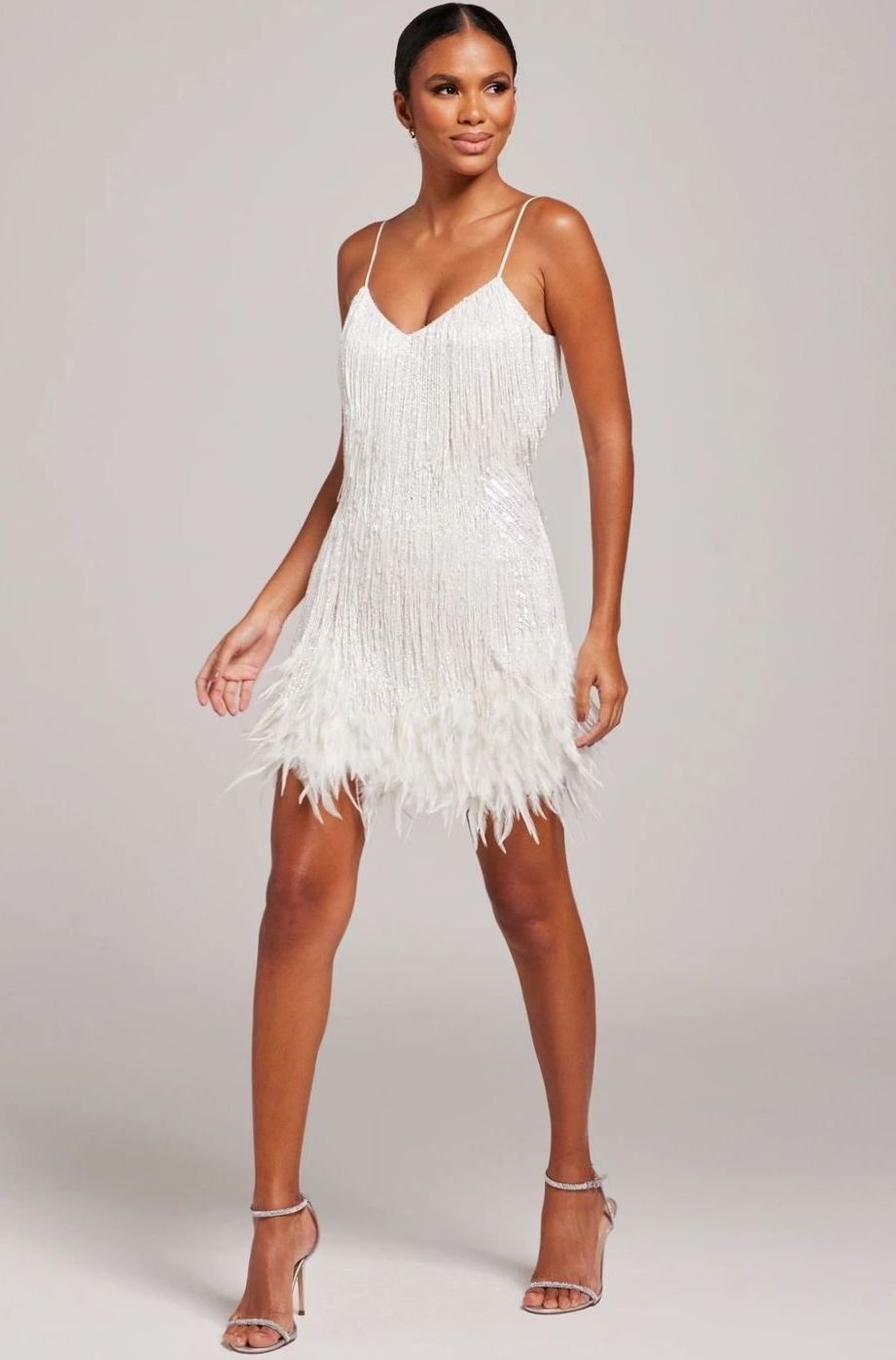 Women's Sequin Fringe Feather-Trim Mini Cocktail Dress