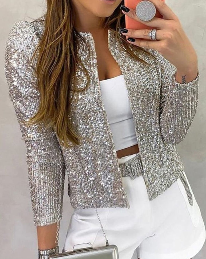 Women's Sequin Open-Front Long-Sleeve Party Jacket - Silver