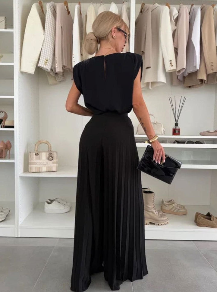 Women's Set Pleated Wide-Leg Pants Shoulder-Pad Sleeveless Top Two-Piece
