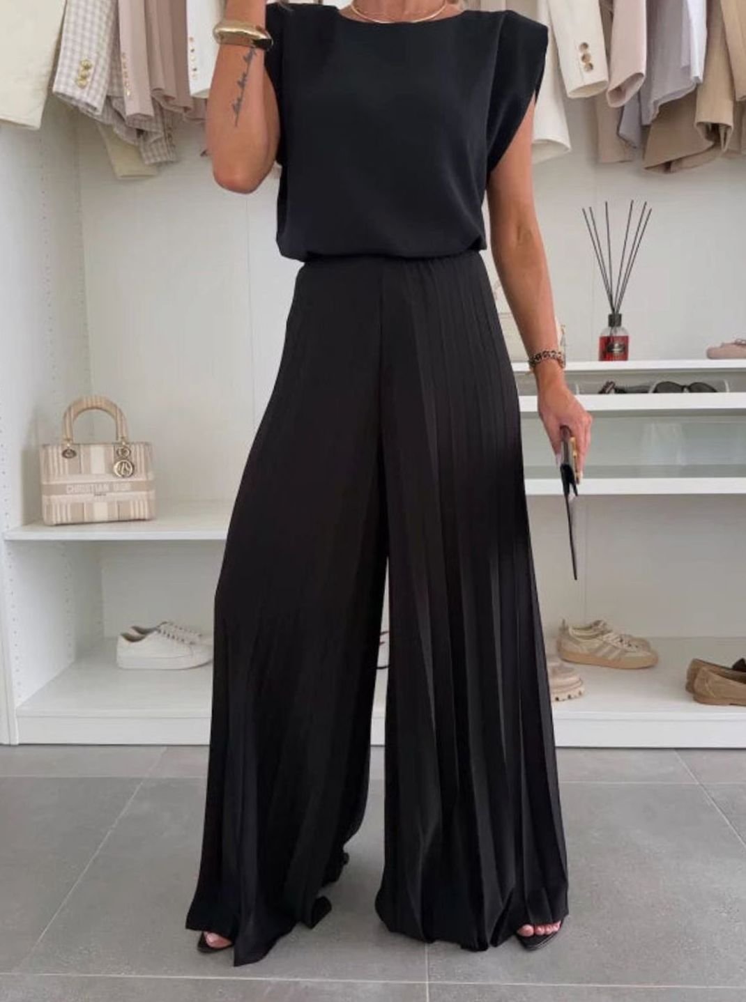 Women's Set Pleated Wide-Leg Pants Shoulder-Pad Sleeveless Top Two-Piece