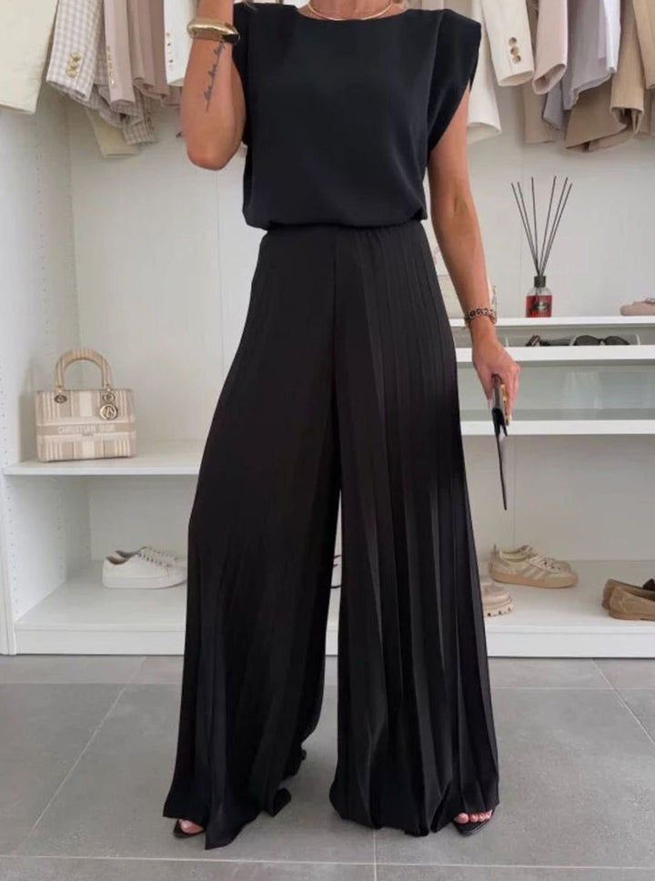 Women's Set Pleated Wide-Leg Pants Shoulder-Pad Sleeveless Top Two-Piece