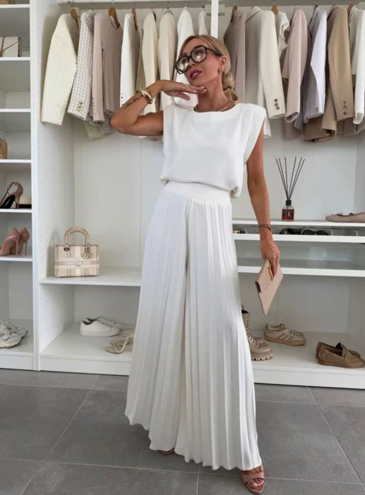 Women's Set Pleated Wide-Leg Pants Shoulder-Pad Sleeveless Top Two-Piece - White
