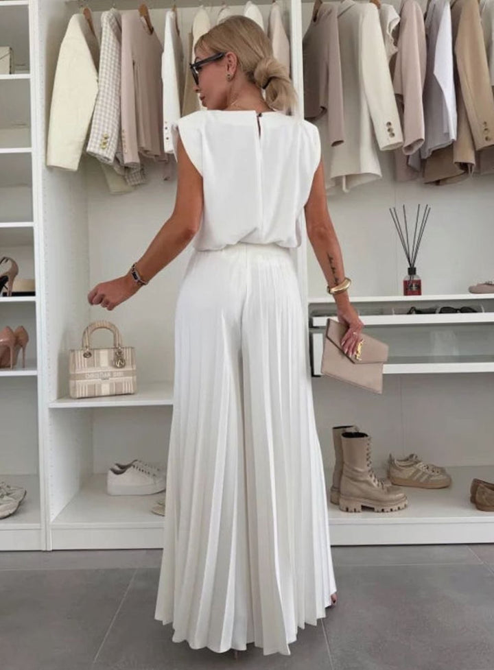 Women's Set Pleated Wide-Leg Pants Shoulder-Pad Sleeveless Top Two-Piece