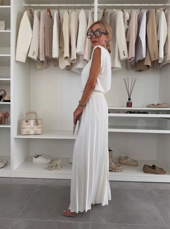 Women's Set Pleated Wide-Leg Pants Shoulder-Pad Sleeveless Top Two-Piece