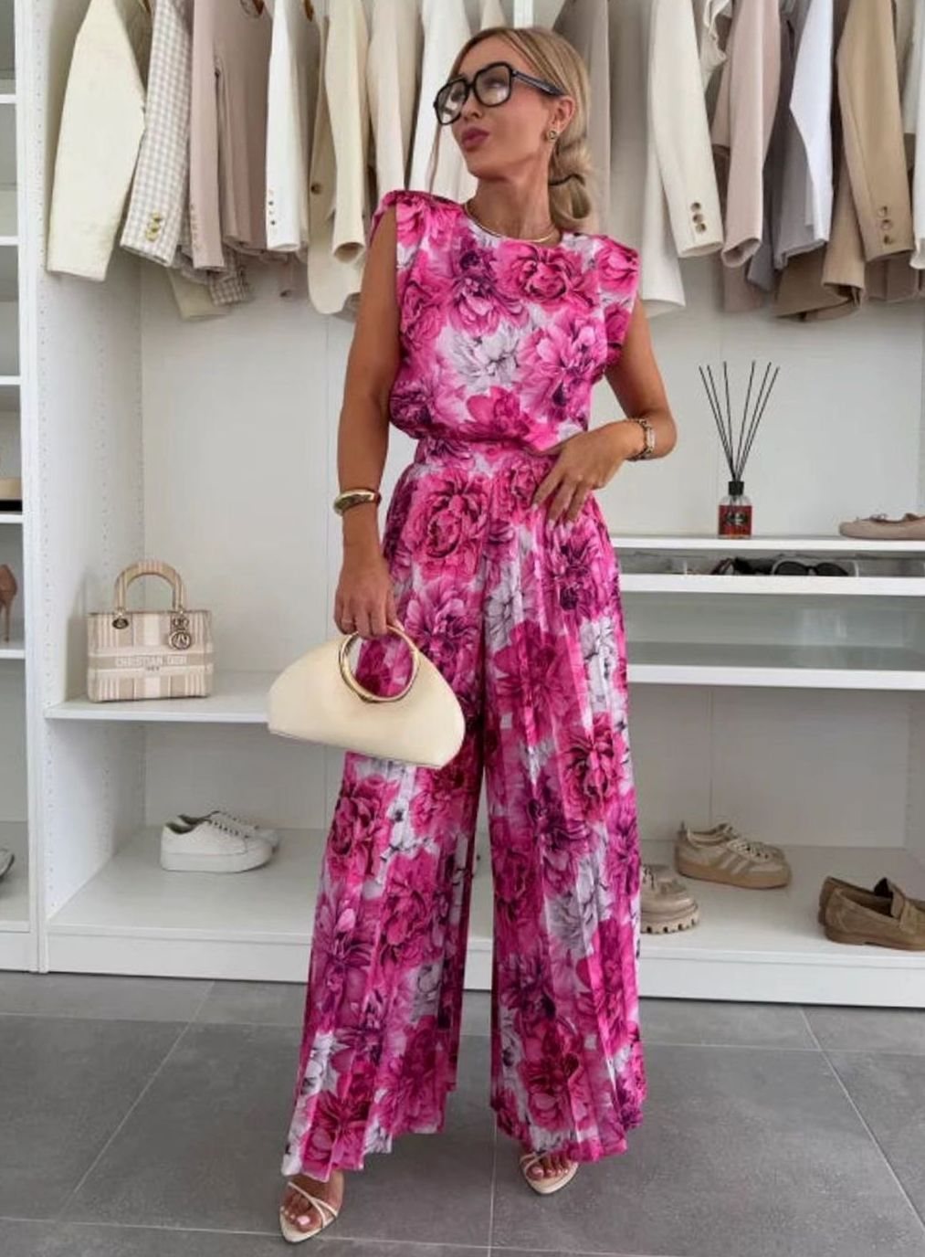 Women's Set Pleated Wide-Leg Pants Shoulder-Pad Sleeveless Top Two-Piece - Pink