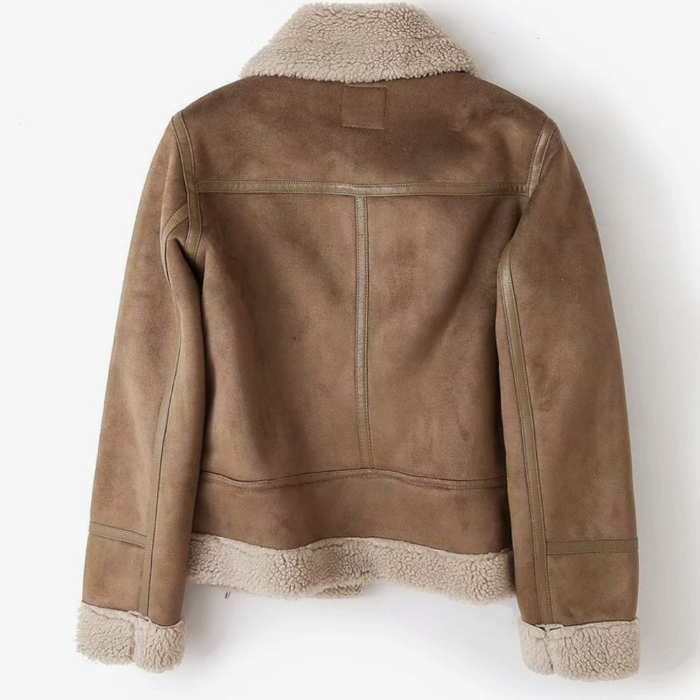 Women's Shearling-Lined Cropped Suede Moto Jacket Belted