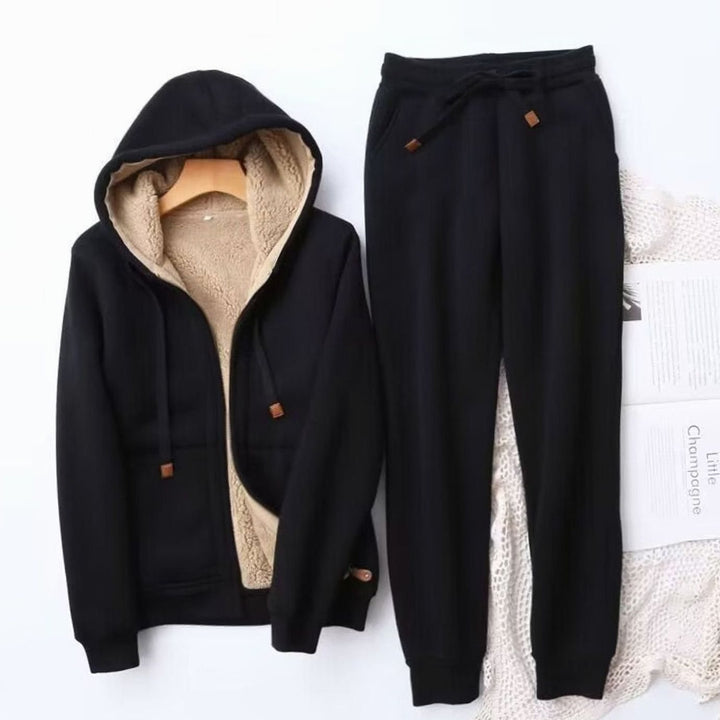Women's Sherpa-Lined Winter Hoodie Sweatpants Set - Black