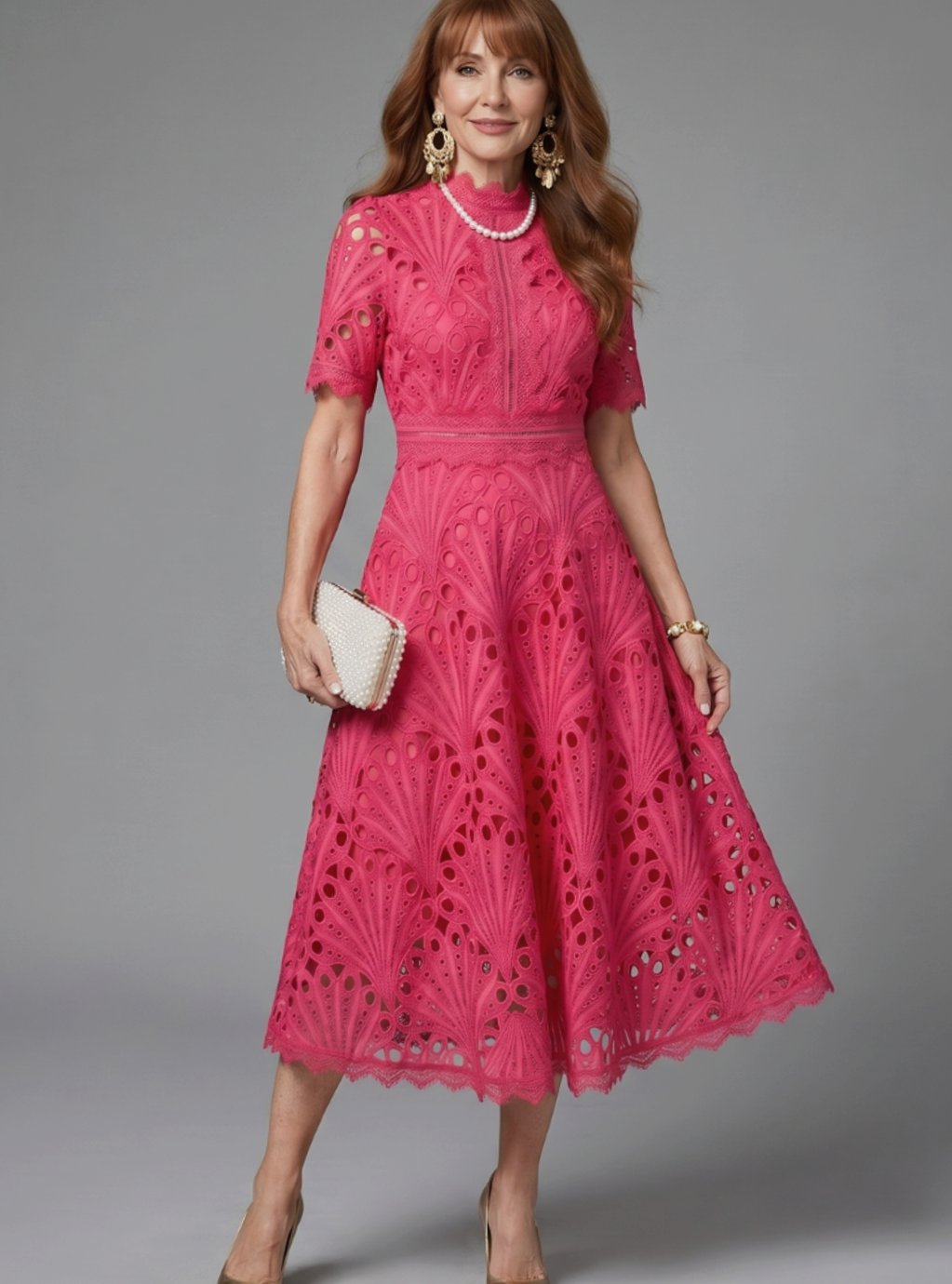 Women's Short-Sleeve Eyelet Lace Midi Cocktail Dress Fitted Waist - Pink