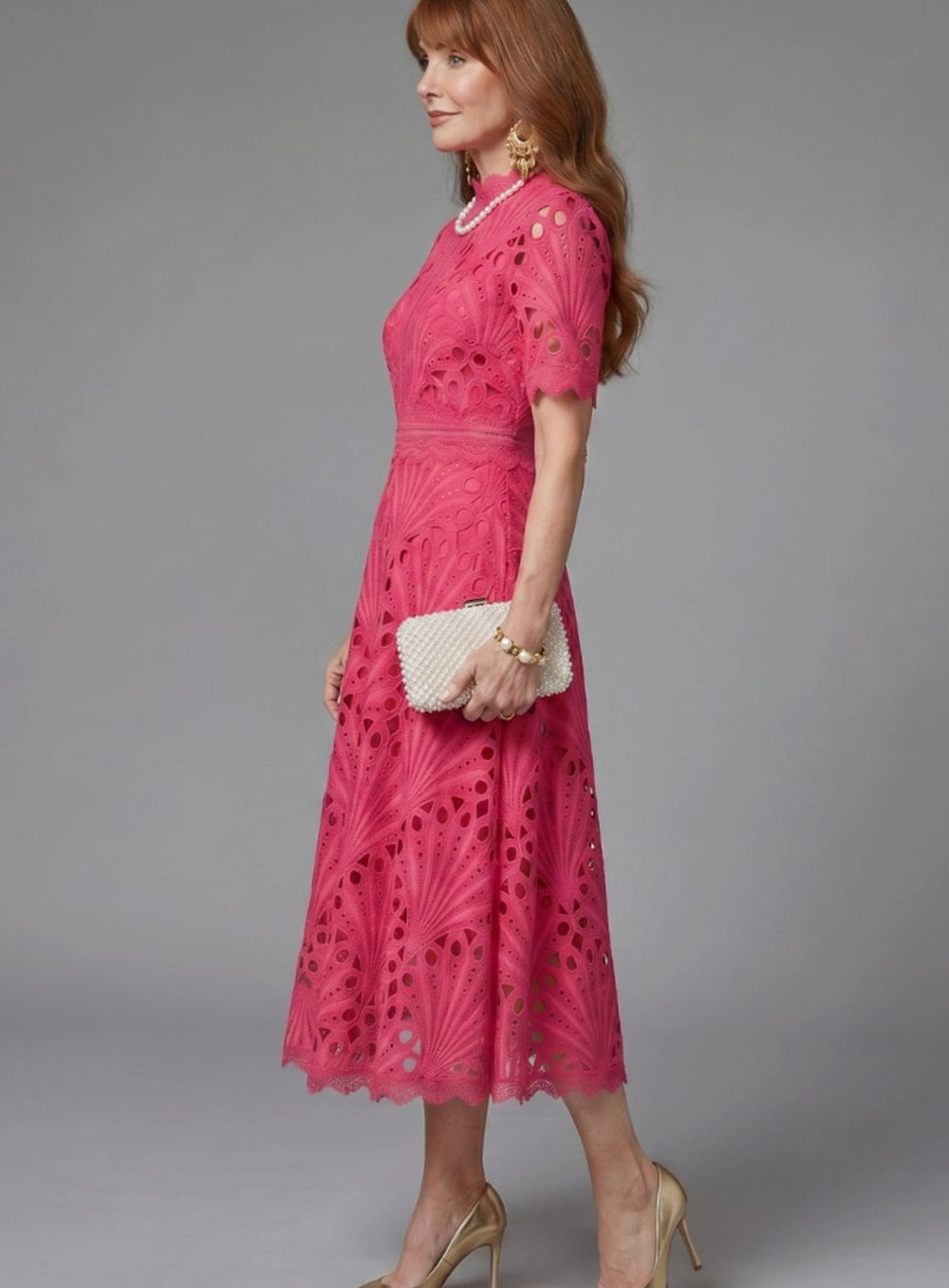 Women's Short-Sleeve Eyelet Lace Midi Cocktail Dress Fitted Waist