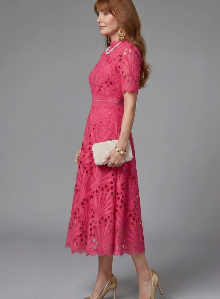 Women's Short-Sleeve Eyelet Lace Midi Cocktail Dress Fitted Waist