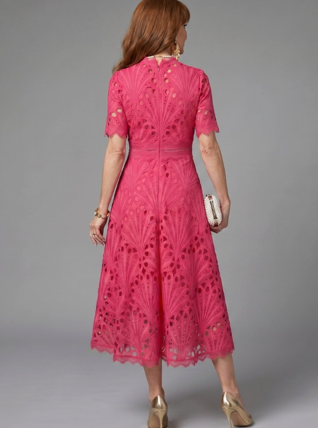 Women's Short-Sleeve Eyelet Lace Midi Cocktail Dress Fitted Waist