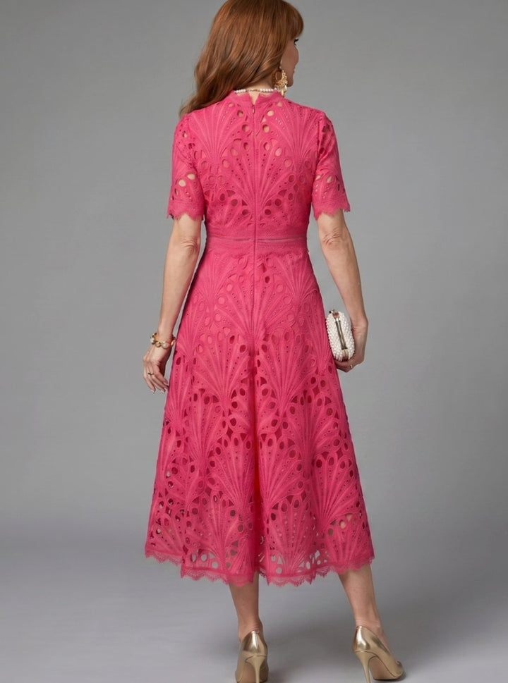 Women's Short-Sleeve Eyelet Lace Midi Cocktail Dress Fitted Waist