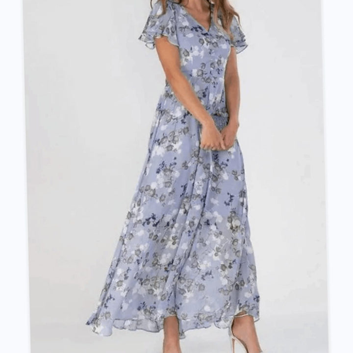Women's Short-Sleeve Floral Chiffon Maxi Dress V-Neck Flowing Skirt
