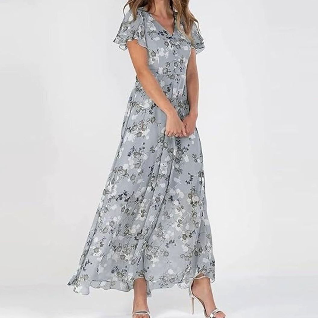 Women's Short-Sleeve Floral Chiffon Maxi Dress V-Neck Flowing Skirt