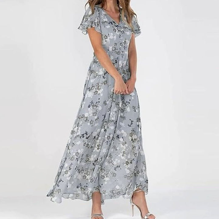 Women's Short-Sleeve Floral Chiffon Maxi Dress V-Neck Flowing Skirt
