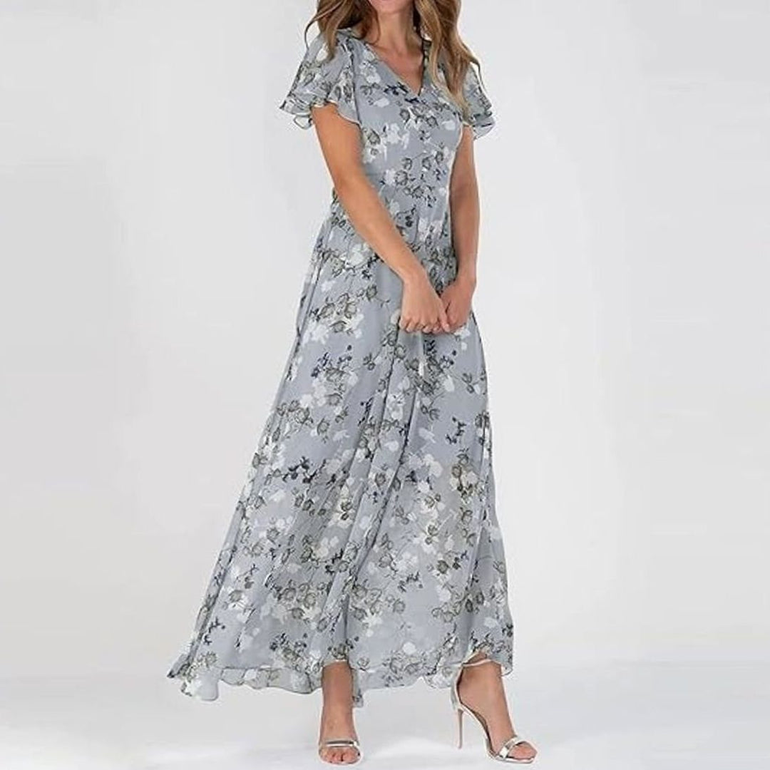 Women's Short-Sleeve Floral Chiffon Maxi Dress V-Neck Flowing Skirt - Blue