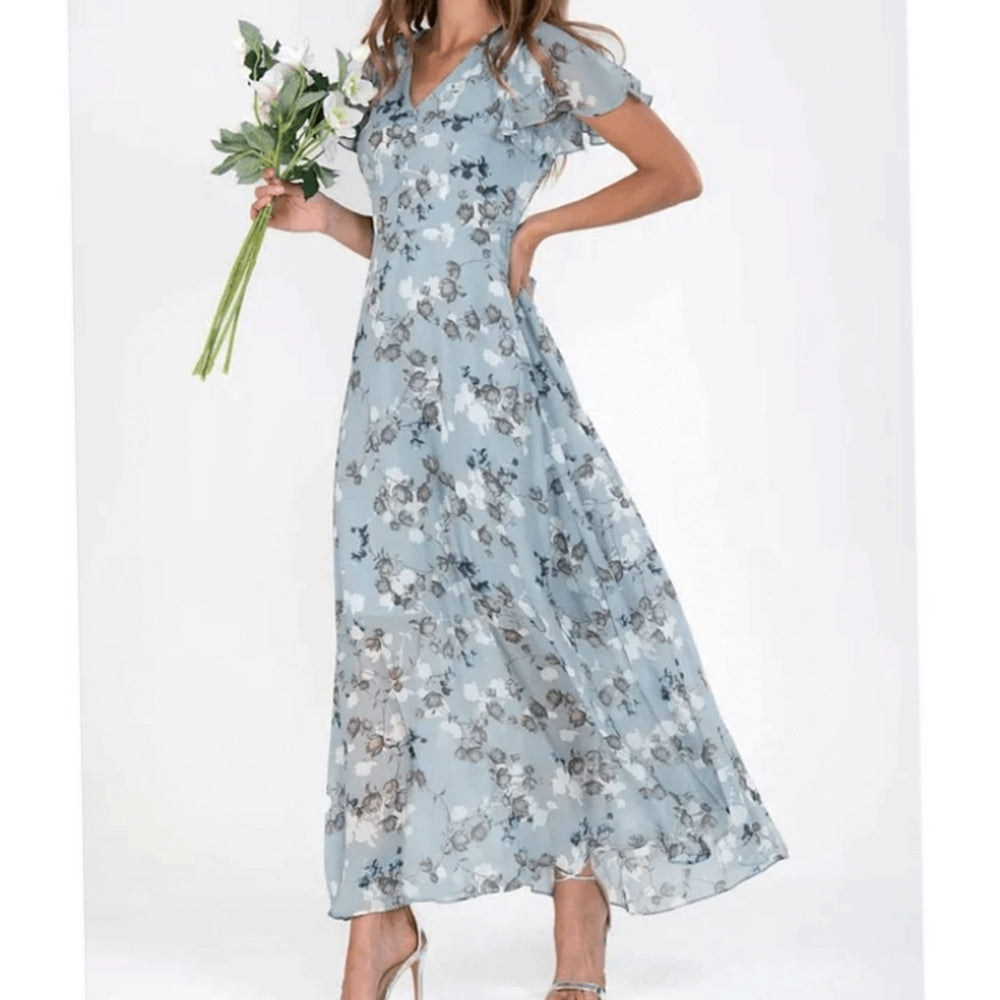 Women's Short-Sleeve Floral Chiffon Maxi Dress V-Neck Flowing Skirt