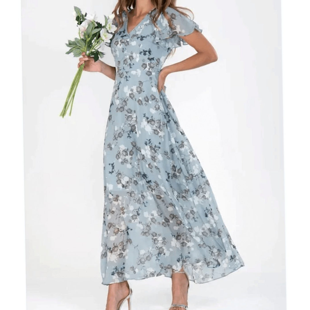 Women's Short-Sleeve Floral Chiffon Maxi Dress V-Neck Flowing Skirt