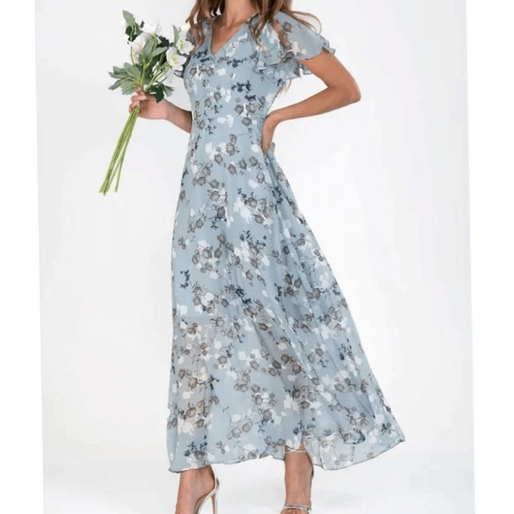 Women's Short-Sleeve Floral Chiffon Maxi Dress V-Neck Flowing Skirt