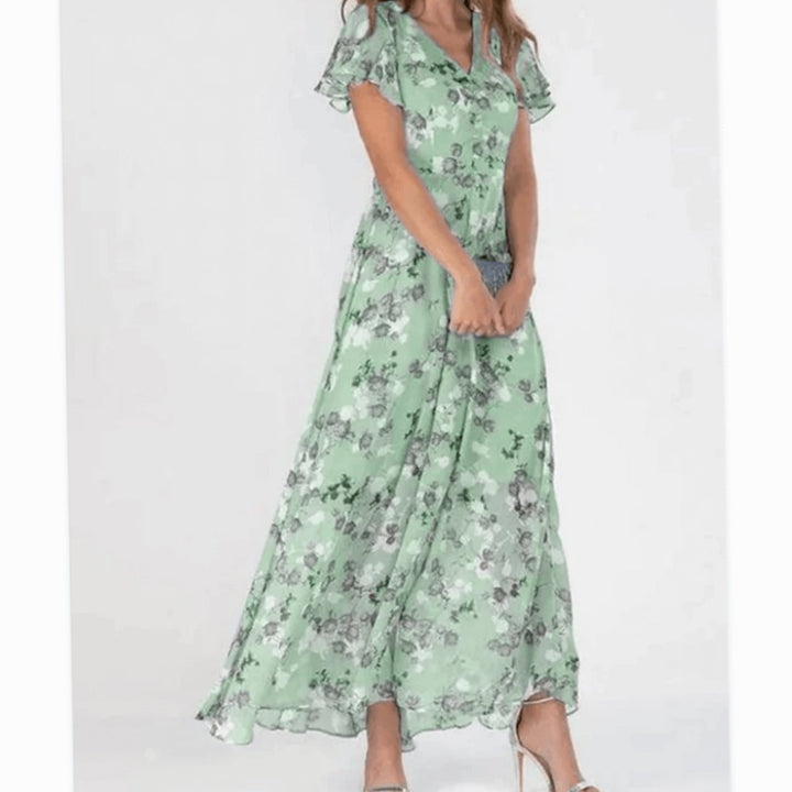 Women's Short-Sleeve Floral Chiffon Maxi Dress V-Neck Flowing Skirt - Green