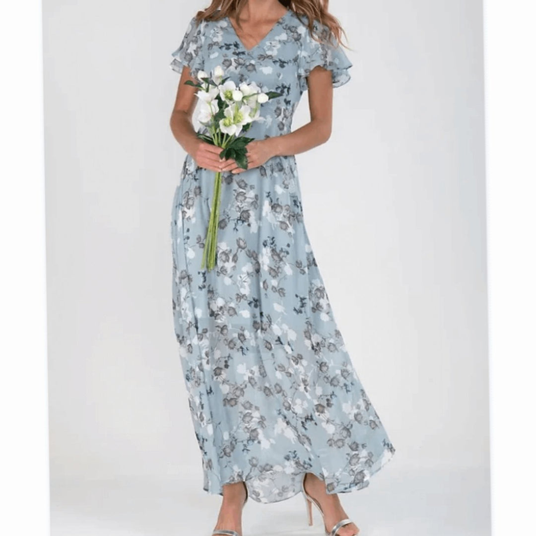 Women's Short-Sleeve Floral Chiffon Maxi Dress V-Neck Flowing Skirt
