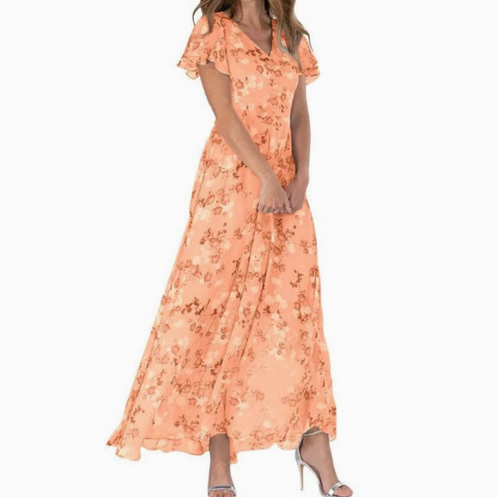Women's Short-Sleeve Floral Chiffon Maxi Dress V-Neck Flowing Skirt - Orange