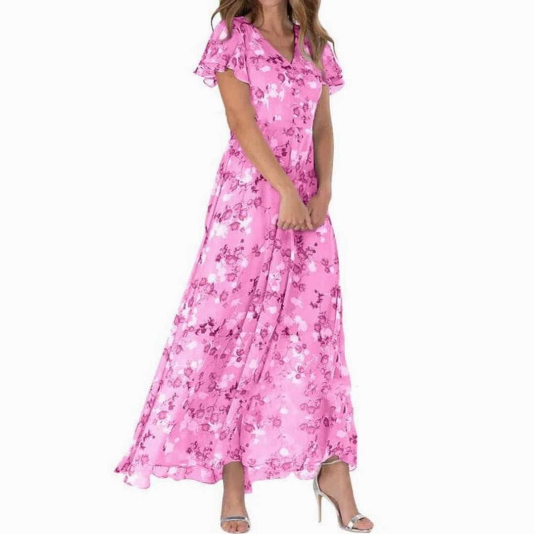 Women's Short-Sleeve Floral Chiffon Maxi Dress V-Neck Flowing Skirt - Pink