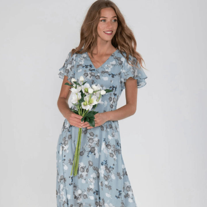 Women's Short-Sleeve Floral Chiffon Maxi Dress V-Neck Flowing Skirt