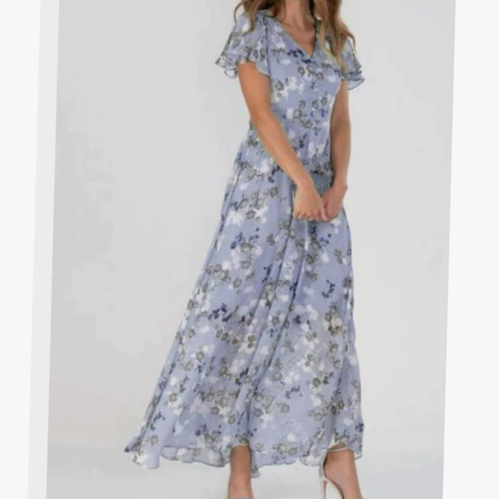 Women's Short-Sleeve Floral Chiffon Maxi Dress V-Neck Flowing Skirt - Purple