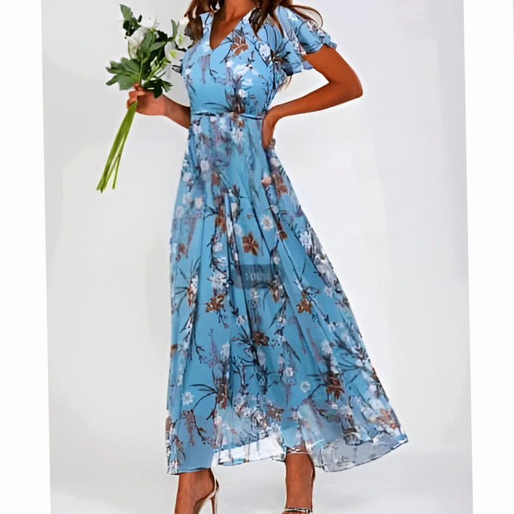 Women's Short-Sleeve Floral Chiffon Maxi Dress V-Neck Flowing Skirt