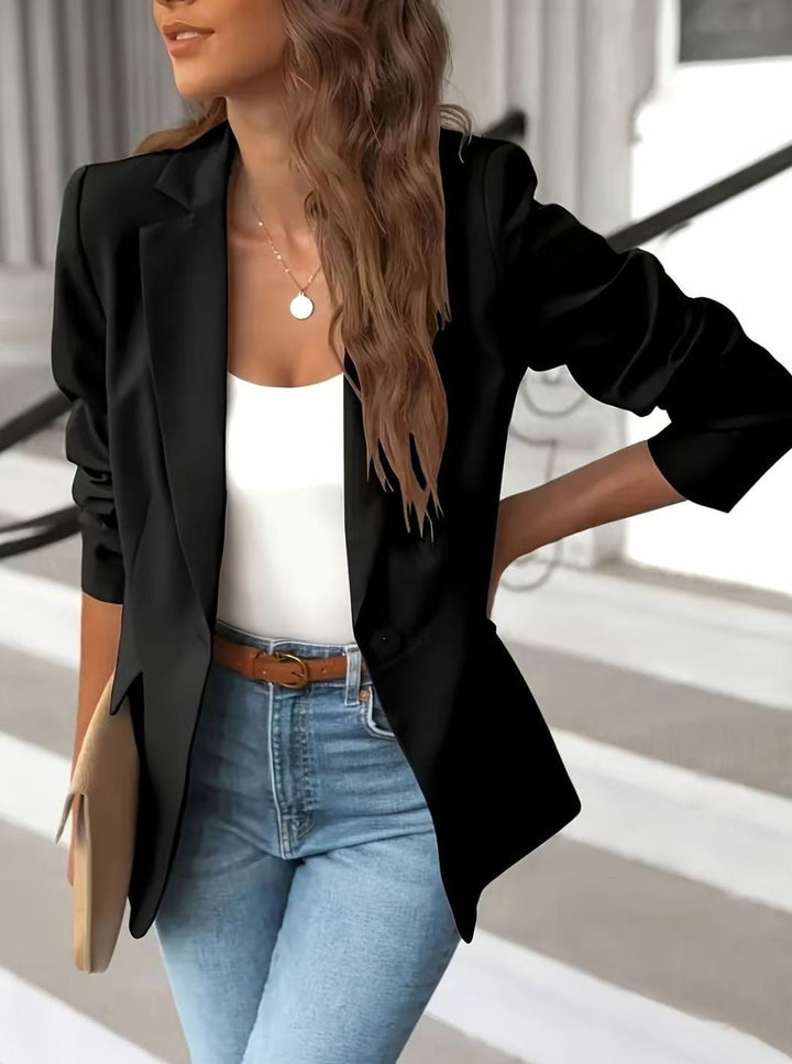 Women's Single Button Casual Blazer Tailored Open-Front Jacket - Black