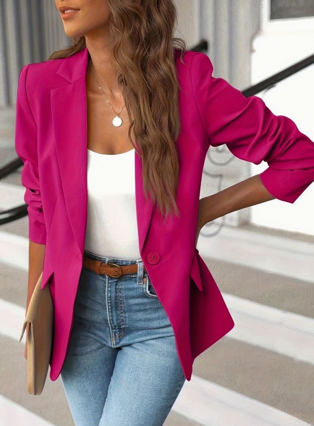 Women's Single Button Casual Blazer Tailored Open-Front Jacket - Pink