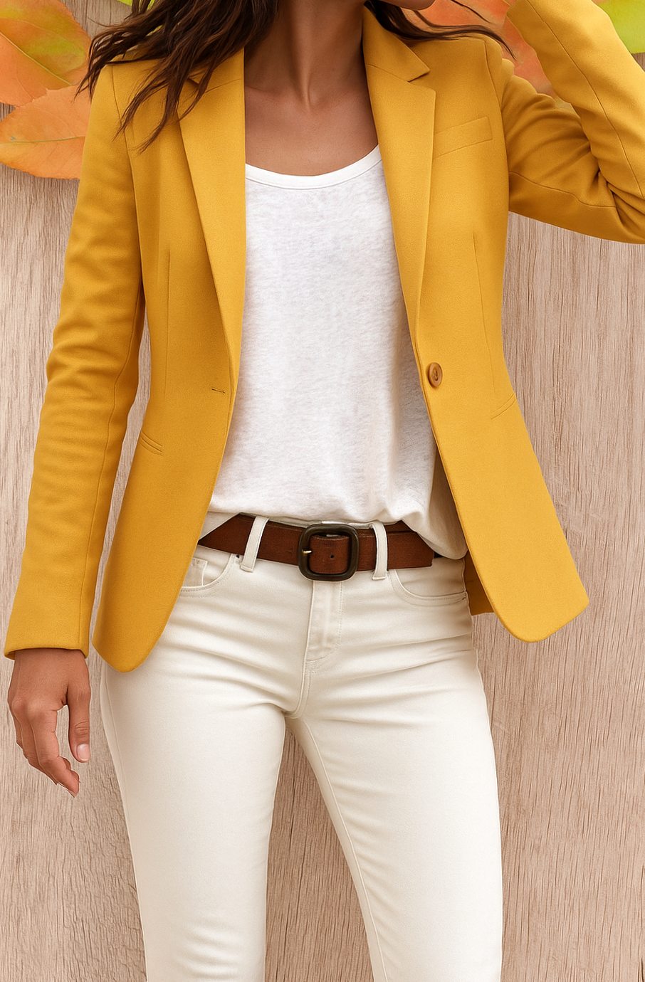 Women's Single-Button Fitted Office Blazer - Yellow