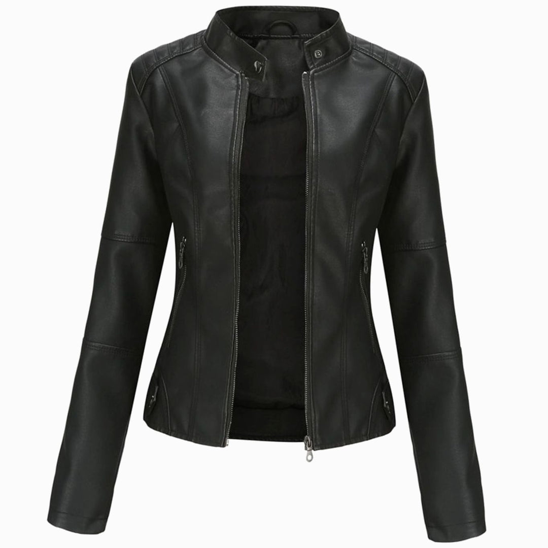 Women's Slim-Fit Faux Leather Biker Jacket Stand Collar Zip - Black