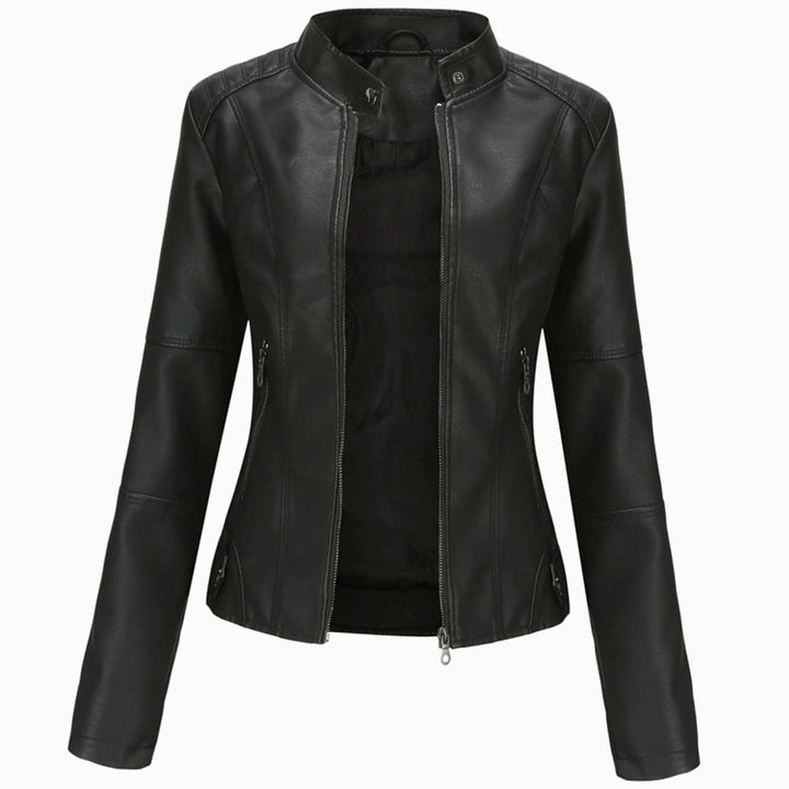 Women's Slim-Fit Faux Leather Biker Jacket Stand Collar Zip - Black