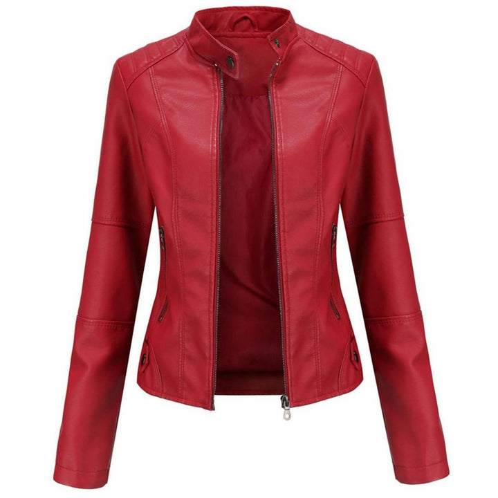 Women's Slim-Fit Faux Leather Biker Jacket Stand Collar Zip - Red