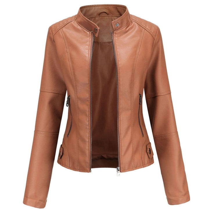 Women's Slim-Fit Faux Leather Biker Jacket Stand Collar Zip - Brown