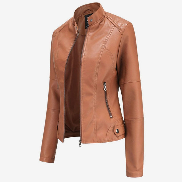Women's Slim-Fit Faux Leather Biker Jacket Stand Collar Zip