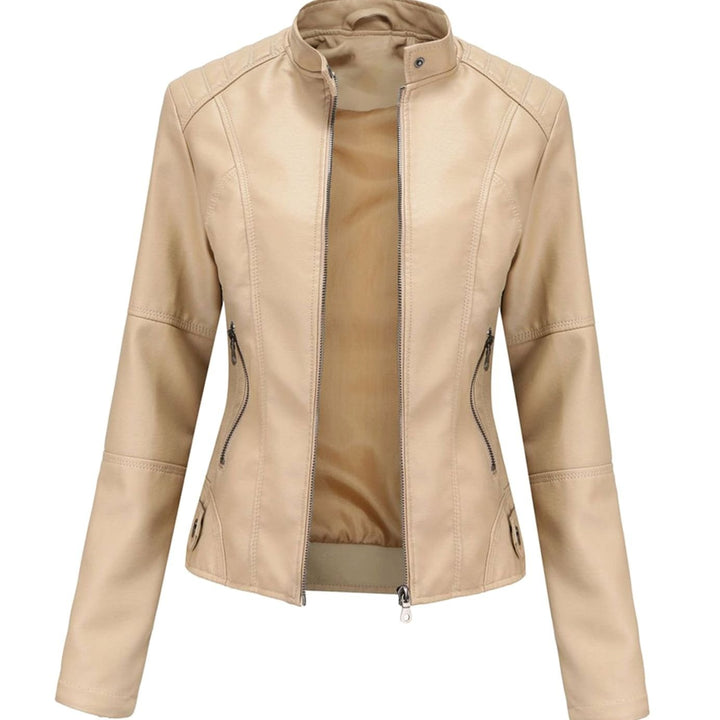 Women's Slim-Fit Faux Leather Biker Jacket Stand Collar Zip - Beige
