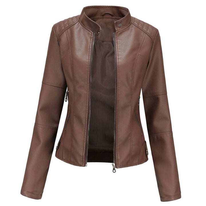 Women's Slim-Fit Faux Leather Biker Jacket Stand Collar Zip - Dark Brown
