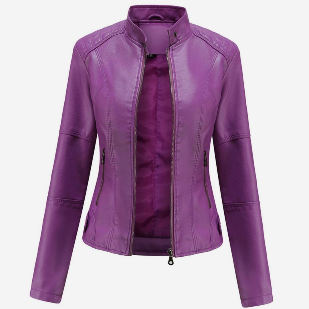 Women's Slim-Fit Faux Leather Biker Jacket Stand Collar Zip - Purple