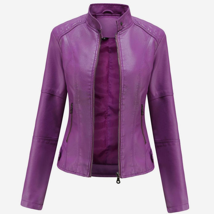 Women's Slim-Fit Faux Leather Biker Jacket Stand Collar Zip - Purple